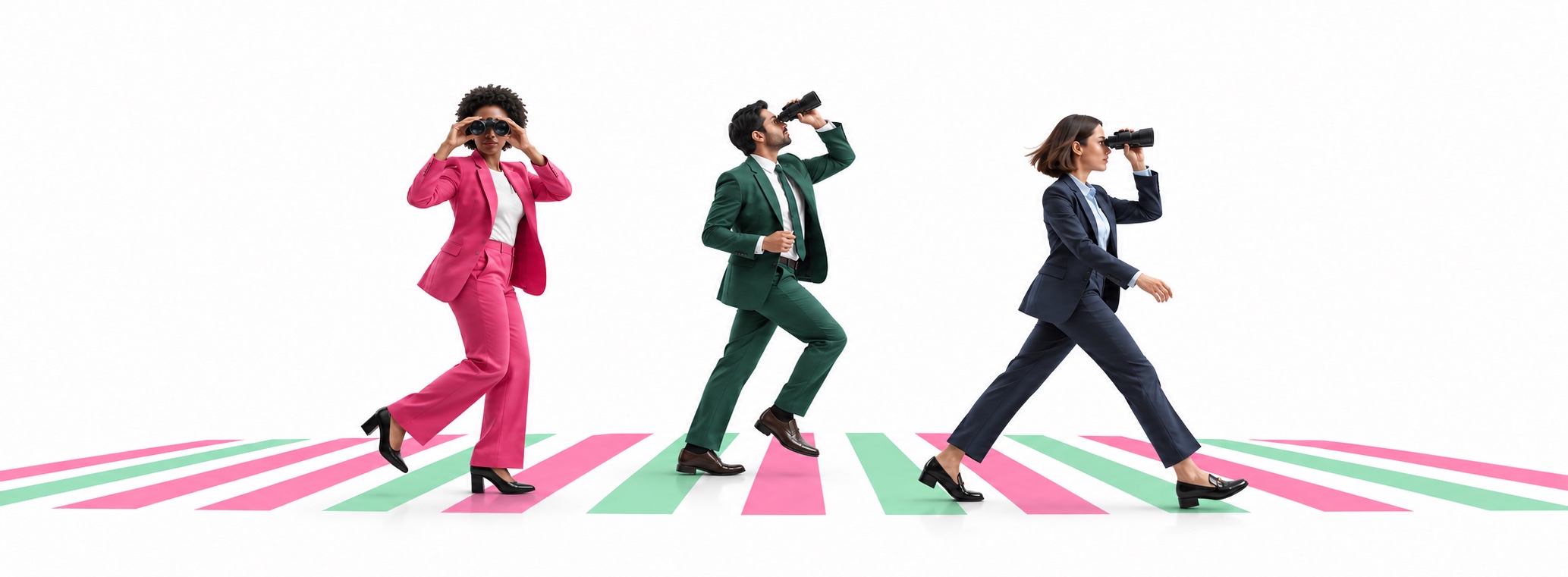 Three professionals in corporate suits walking with binoculars, searching in different directions