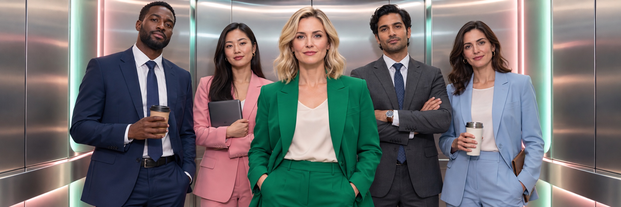 A blonde professional leading a team in a futuristic chrome elevator